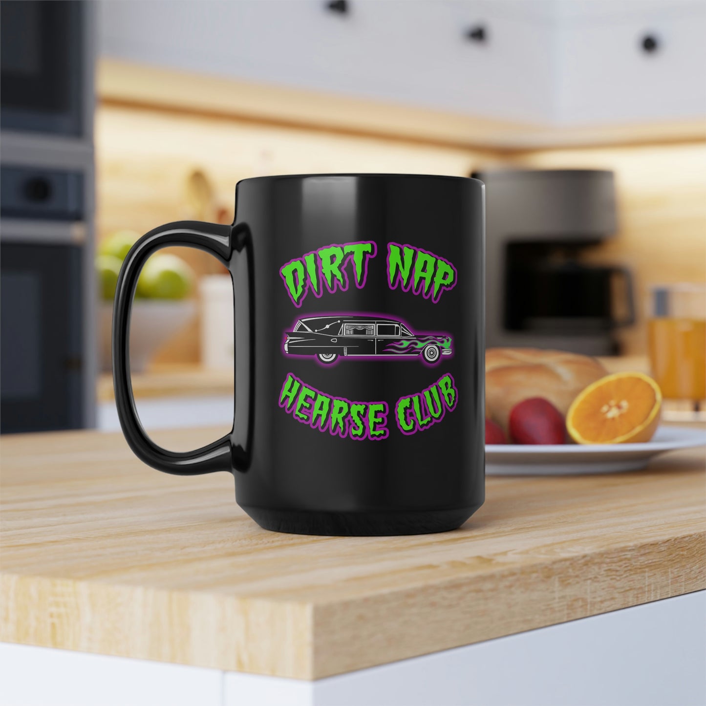 DIRT NAP HEARSE CLUB Black Mug, 15oz