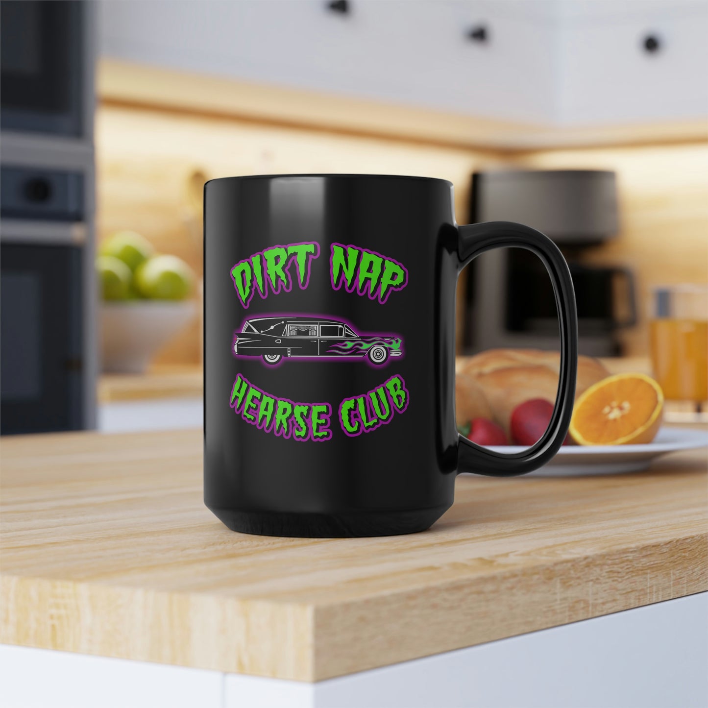 DIRT NAP HEARSE CLUB Black Mug, 15oz