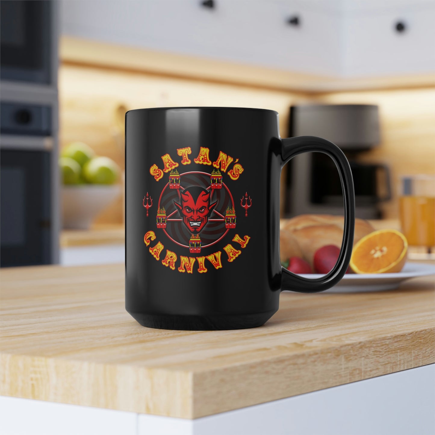 SATAN'S CARNIVAL Black Mug, 15oz