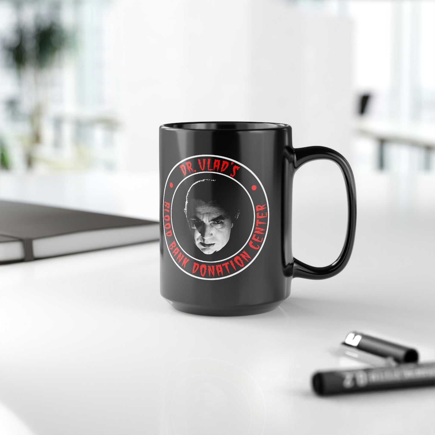 DR VLAD - BLOOD BANK DONATION CENTER Black Mug, 15oz