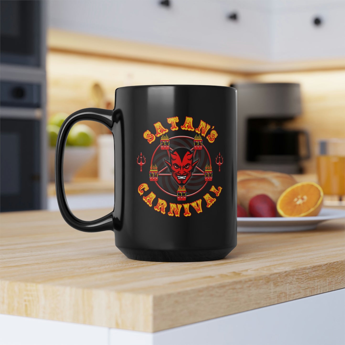 SATAN'S CARNIVAL Black Mug, 15oz