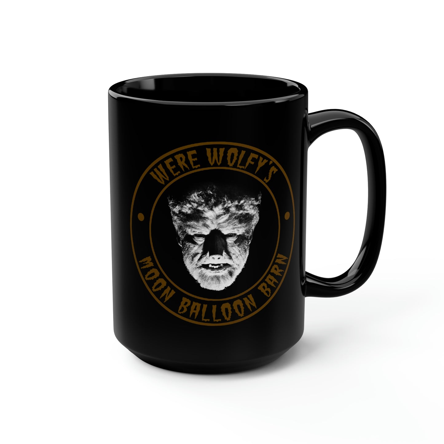 THERE WOLF - MOON BALLOON BARN Black Mug, 15oz