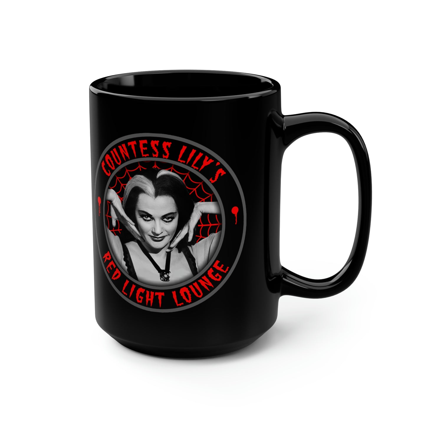 COUNTESS LILY - RED LIGHT LOUNGE Black Mug, 15oz