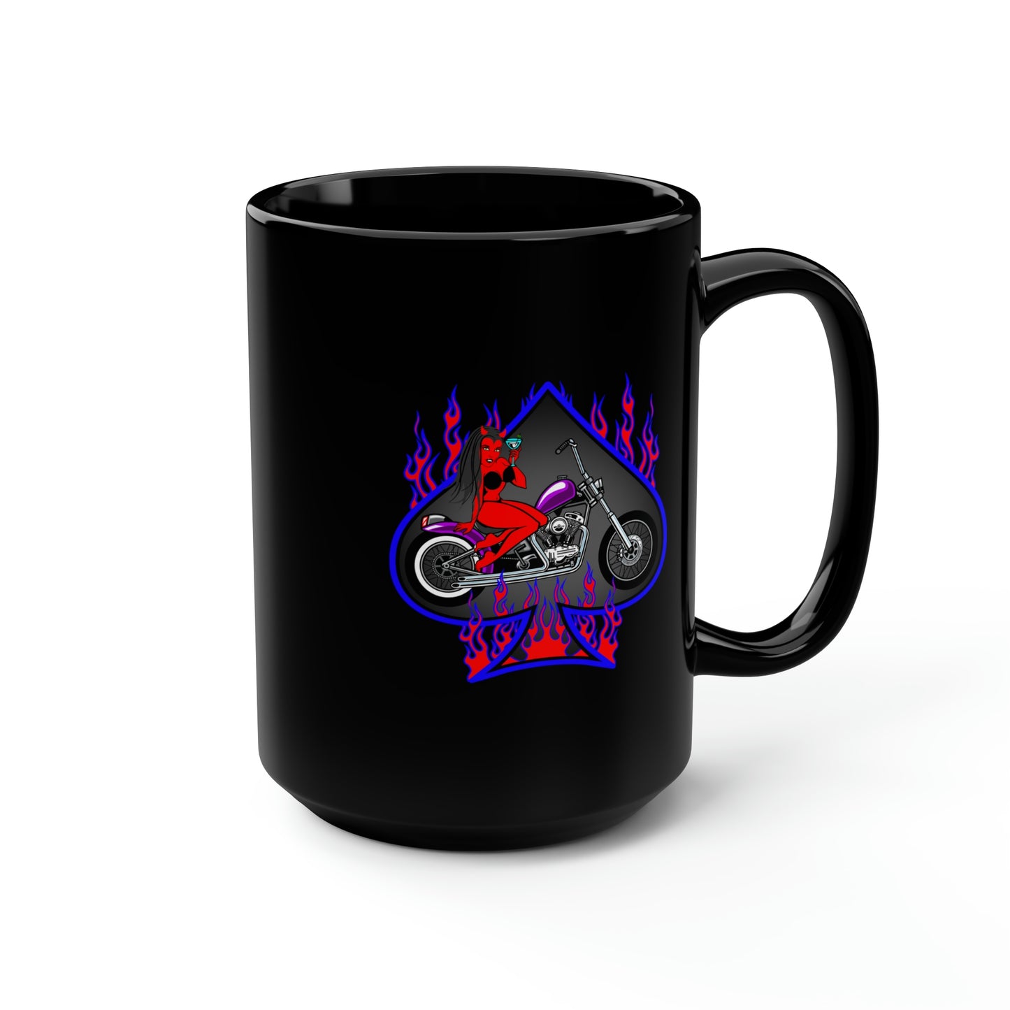 MOTORCYCLE PINUP (DEVIL) Black Mug, 15oz