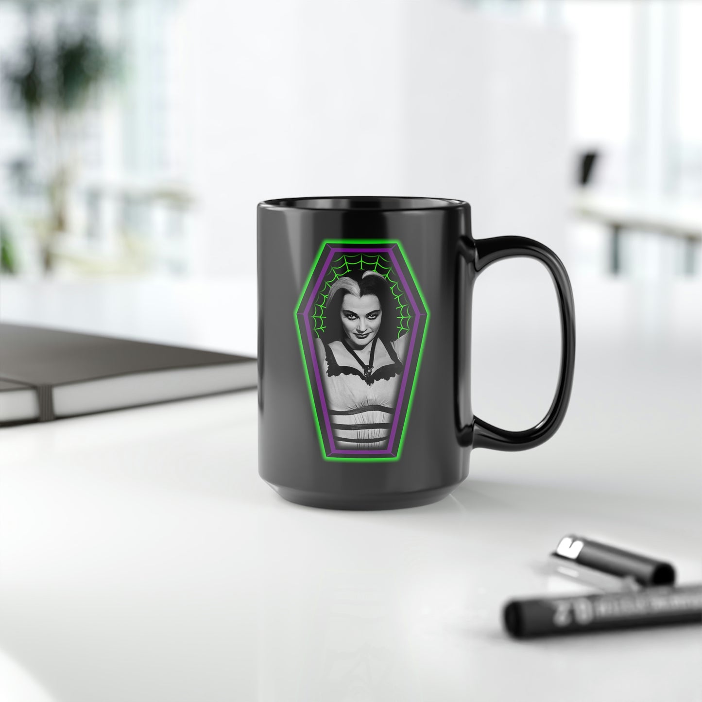 COFFIN MUGSHOT 1 (LILY) Black Mug, 15oz