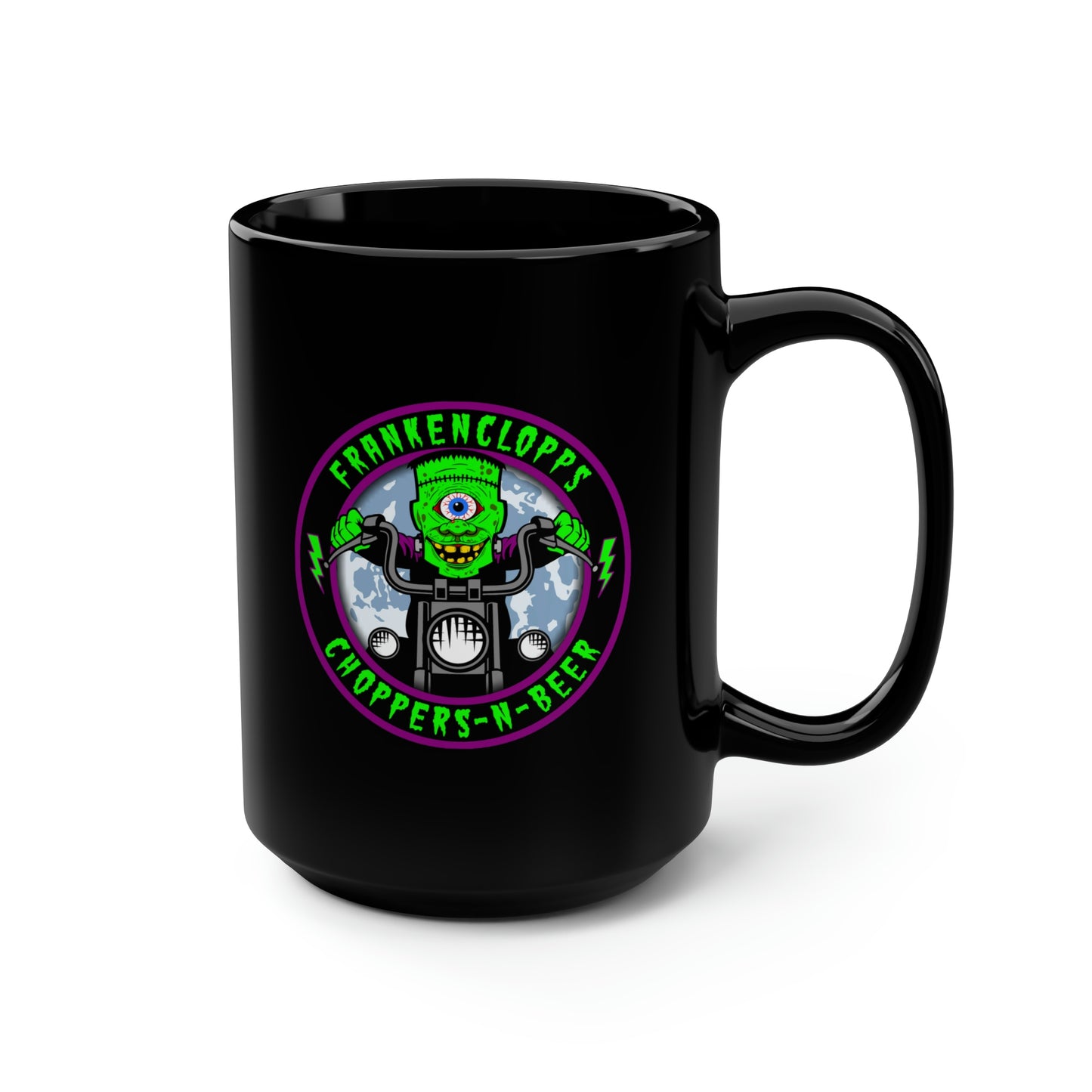 FRANKENCLOPPS - CHOPPERS-N-BEER Black Mug, 15oz