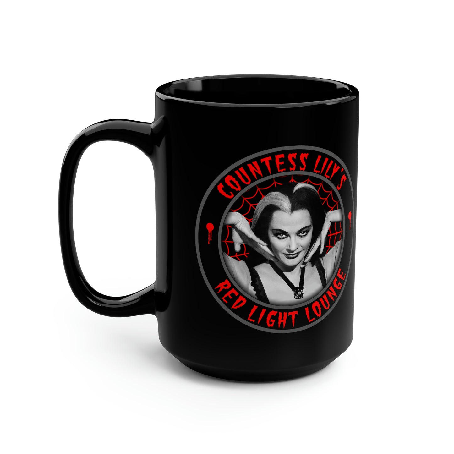 COUNTESS LILY - RED LIGHT LOUNGE Black Mug, 15oz