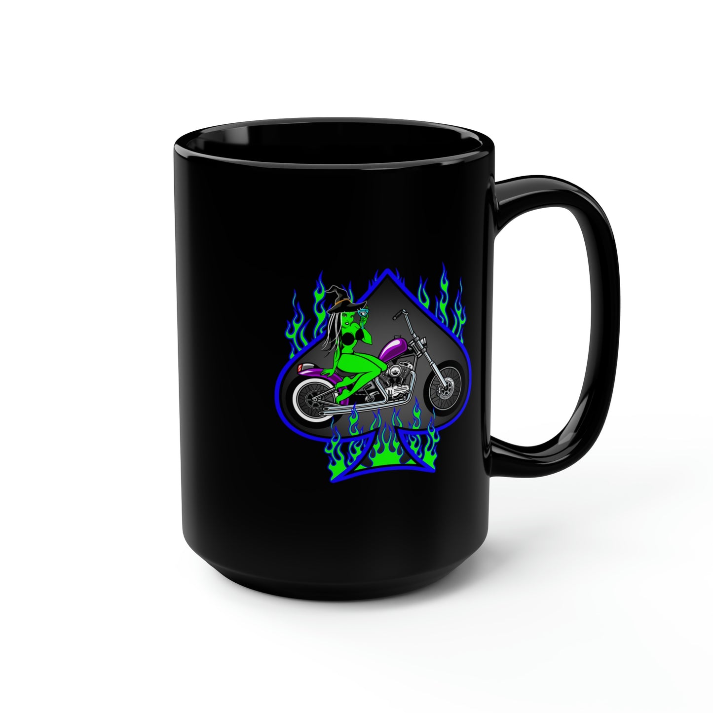 MOTORCYCLE PINUP (WITCH) Black Mug, 15oz