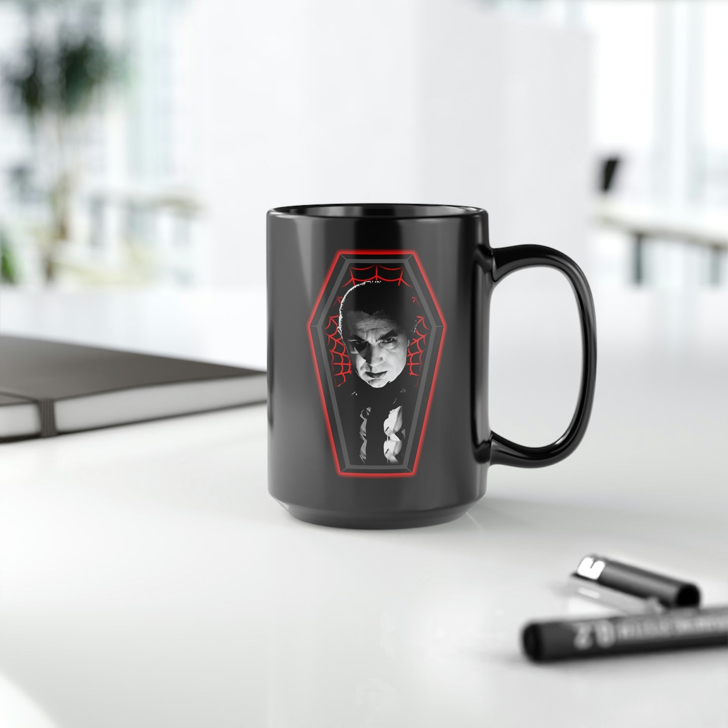 COFFIN MUGSHOT 3 (DRAC) Black Mug, 15oz