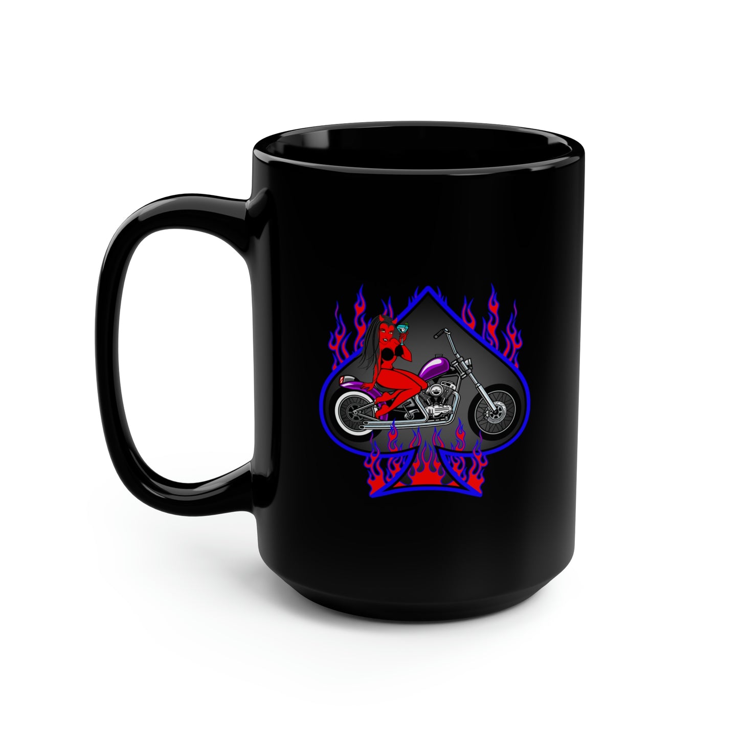 MOTORCYCLE PINUP (DEVIL) Black Mug, 15oz