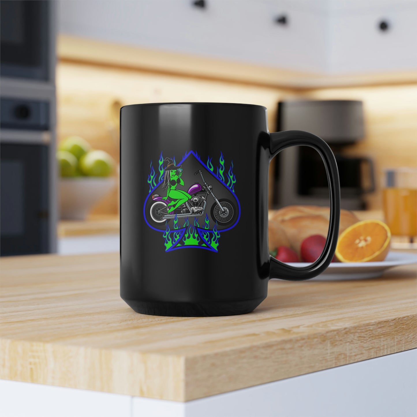 MOTORCYCLE PINUP (WITCH) Black Mug, 15oz