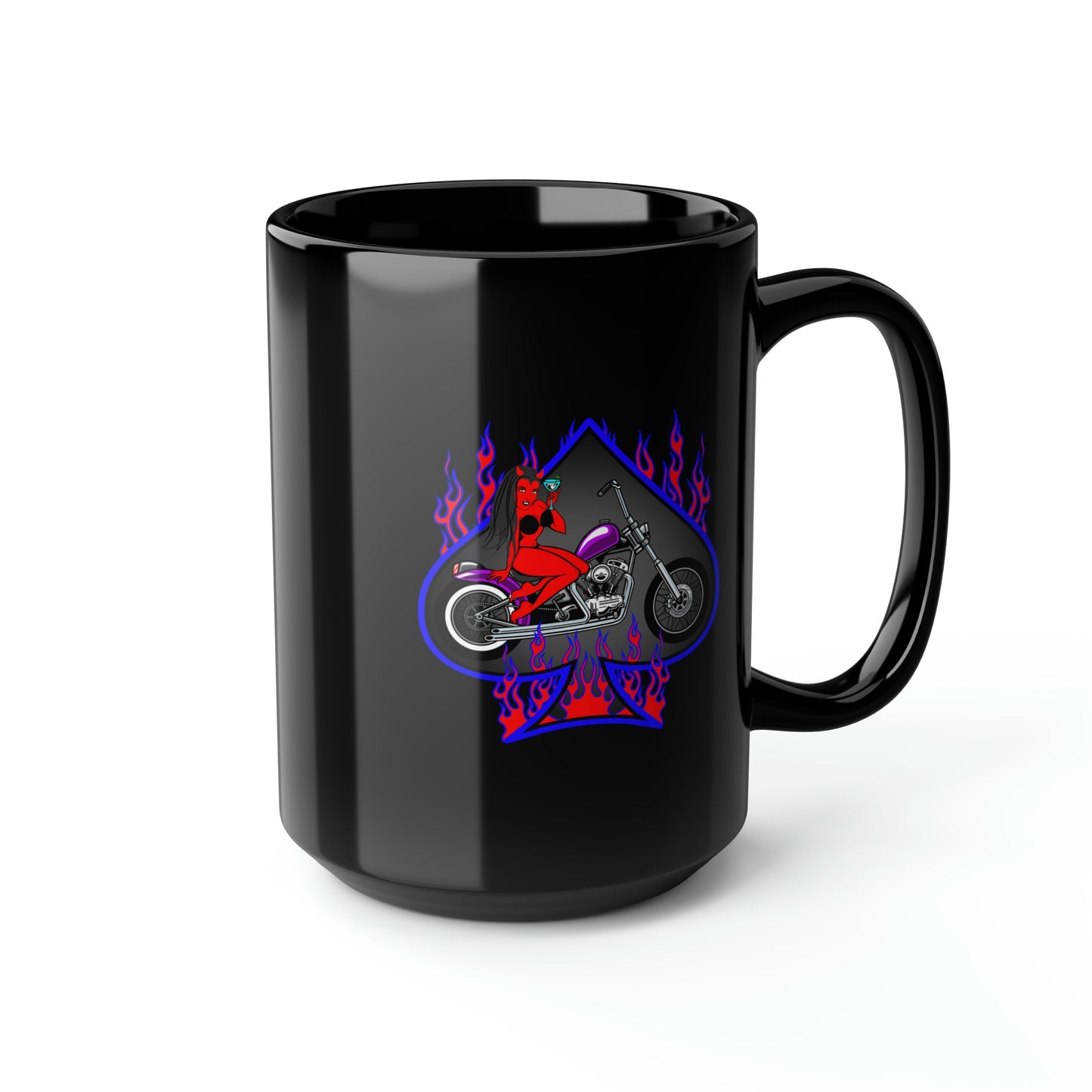 MOTORCYCLE PINUP (DEVIL) Black Mug, 15oz