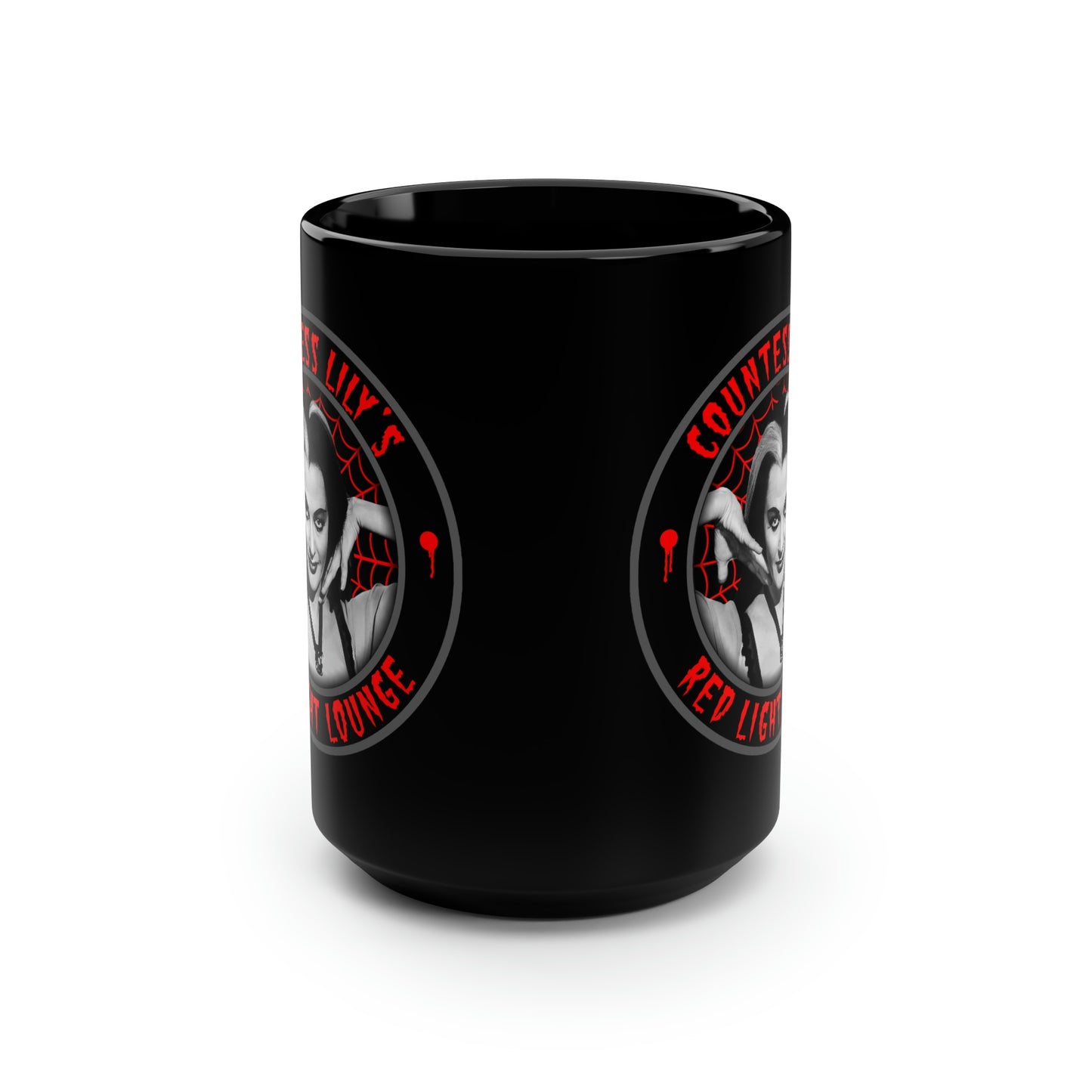 COUNTESS LILY - RED LIGHT LOUNGE Black Mug, 15oz