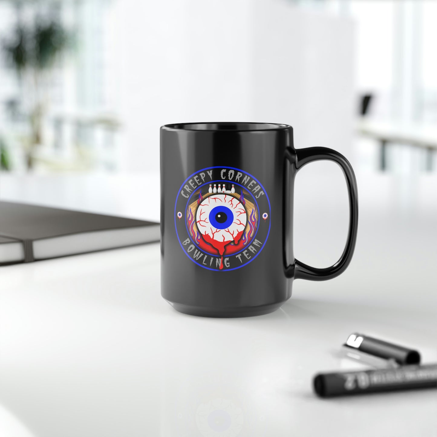 CREEPY CORNEAS - BOWLING TEAM Black Mug, 15oz